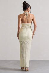 Ecru Textured Sheer Halter-Neck Maxi Dress